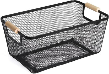 AJIODA Metal Mesh Steel Basket, Large Wire Storage Organizer Basket Multi-function Hanging Kitchen Baskets with Wood Handle for Kitchen Bathroom Picnic Home, Rectangle-Off White