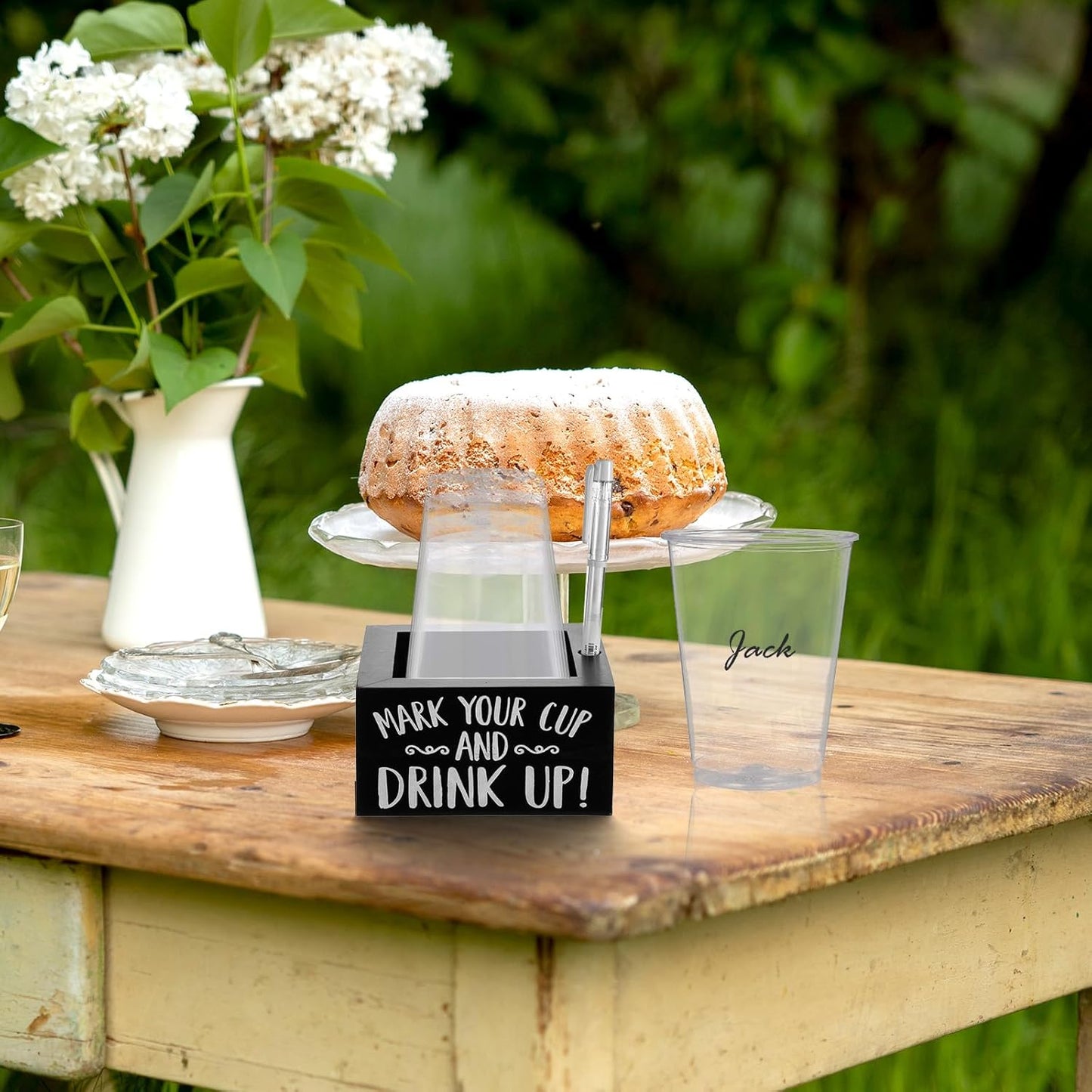 Party Cup Holder with Marker Slot - Wooden Mark Your Cups & Cup Dispenser for Parties, Farmhouse Decor, Home & Bar (Black, 5.7"x5.7"x2.95")