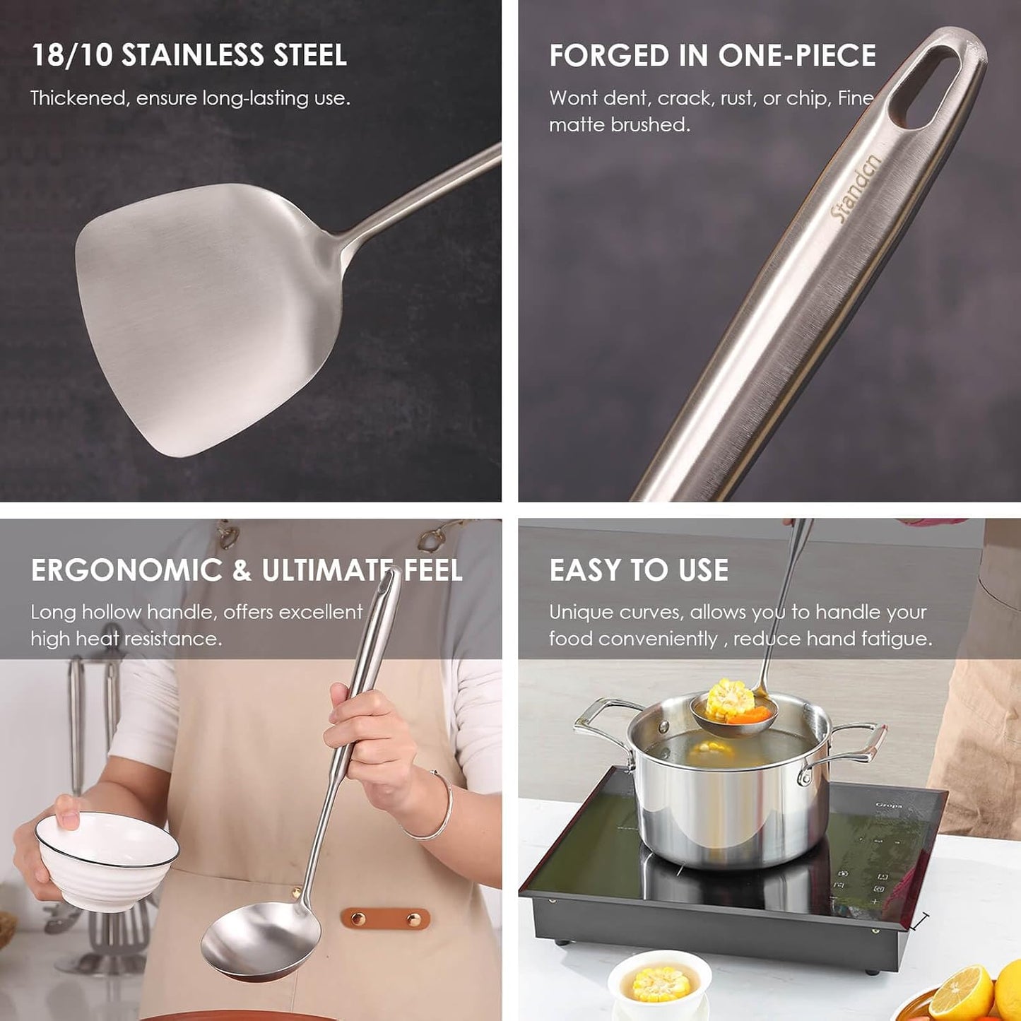 18/10 Stainless Steel Kitchen Utensils Set - 12 PCS All Metal Cooking Tools & 15″ Serving Utensils - Potato Masher, Meat Fork, Tongs, Turner, Pasta, Serving Spoon, Skimmer, Ladle, Spatula Spoon Set