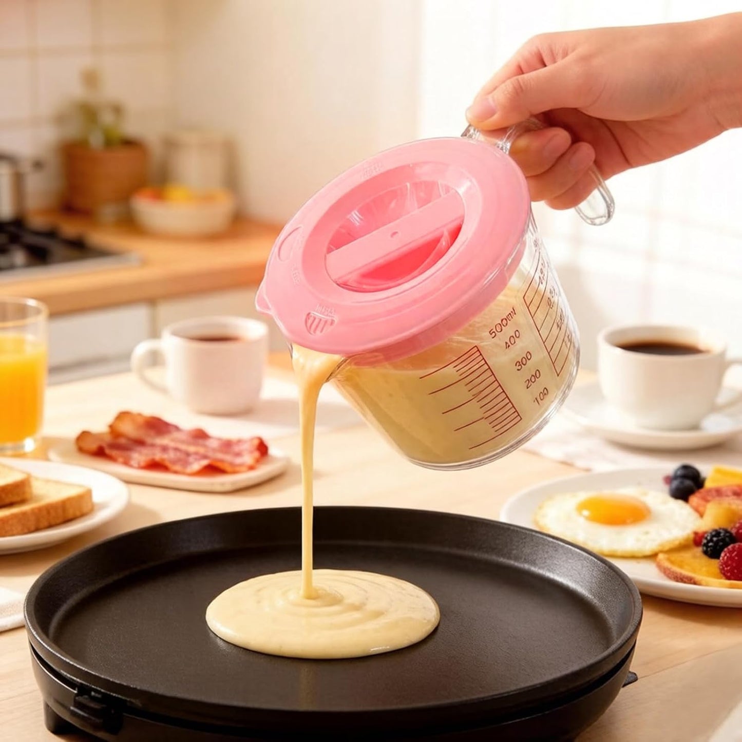 6 Pcs Glass Measuring Cups with Lids Set, 1-Cup, 2-Cup, 4-Cup Measuring Jugs with Handle For Prepping, Baking and Cooking (Pink)