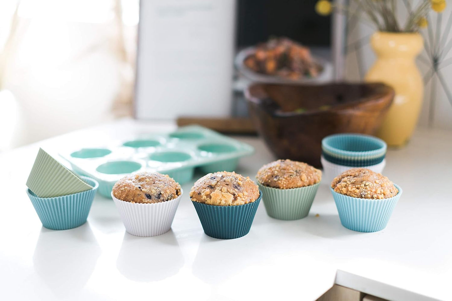 The Silicone Kitchen Reusable Mini Silicone Baking Cup, Non-Toxic, BPA Free, Dishwasher Safe, Mini, 24 Pack, White Blue Green