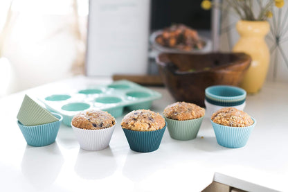 The Silicone Kitchen Reusable Mini Silicone Baking Cup, Non-Toxic, BPA Free, Dishwasher Safe, Mini, 24 Pack, White Blue Green