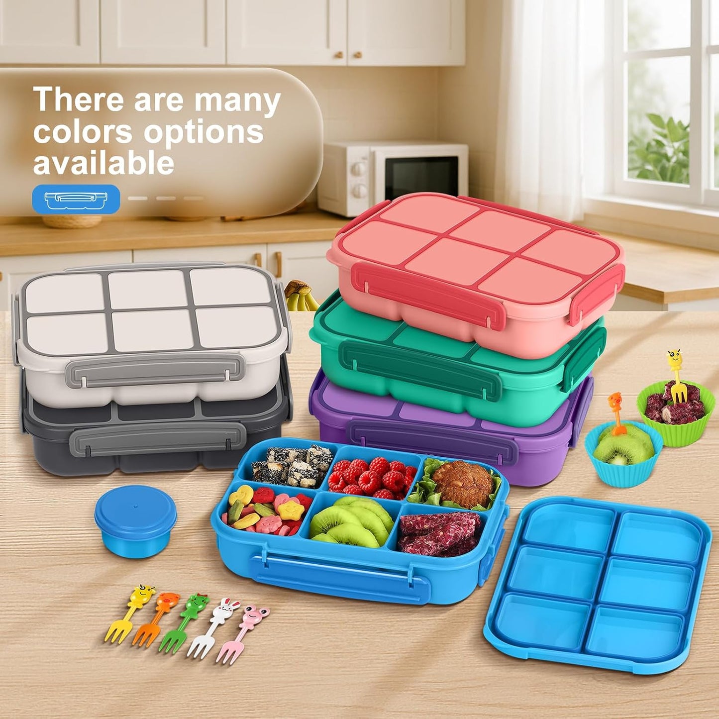 Amathley Lunch Box Kids Girls Boys,Bento Box Adult,Toddler Lunch Containers for School,Leakproof Snack Containers with 6 Compartments,Sauce Container,10 Food Picks and 4 Muffin Cups (Green)
