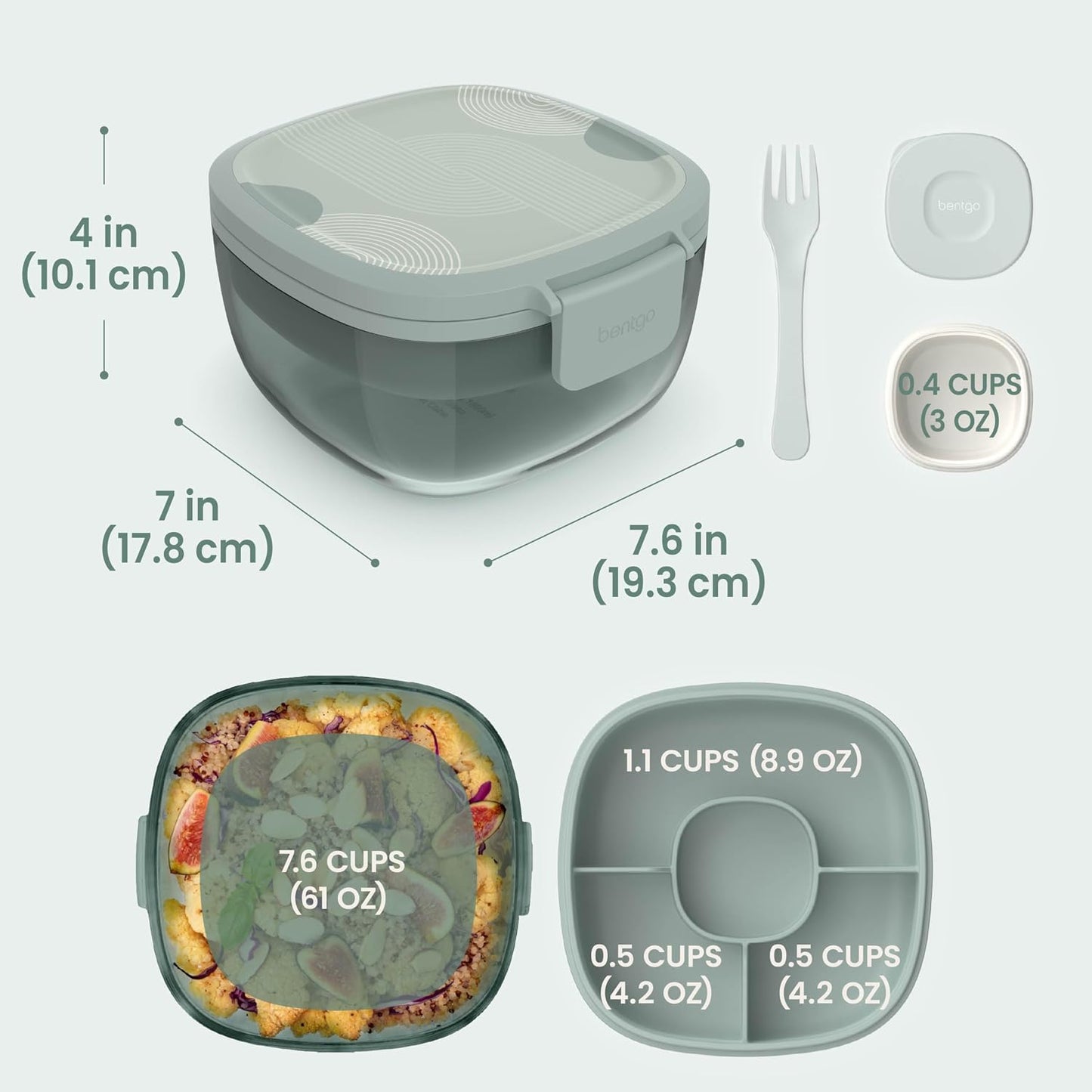 Bentgo Glass Salad Container - 7.6-Cup Salad Bowl with Airtight Lid, Leak-Proof Sauce Container, 4-Compartment Bento Tray & Reusable Fork - BPA-Free for Meal Prep, Office & More (Light Blue)