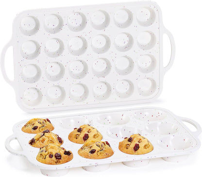 CAKETIME Mini Muffin Pan, Metal Reinforced Frame Mini Cupcake Pans 24 Cups Nonstick Muffin Silicone Molds with Handle for Baking Muffins, Cupcakes, Egg Bites 2 Pack