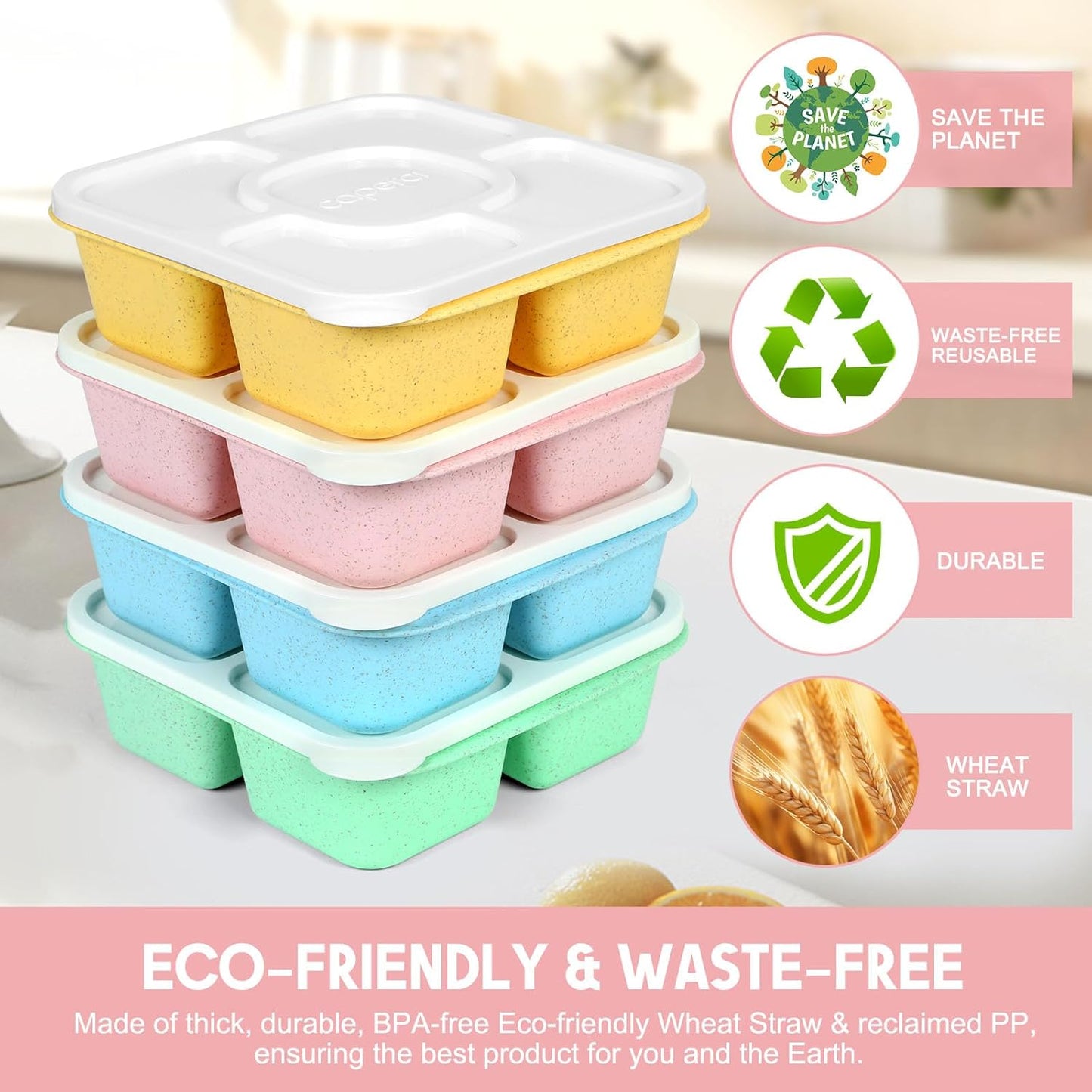 Caperci Original Lunchable Snack Containers for Kids & Adults - 5 Compartments Bento Snack Boxes with 4 Leakproof Small Containers, Wheat Straw, BPA-Free, Set of 4