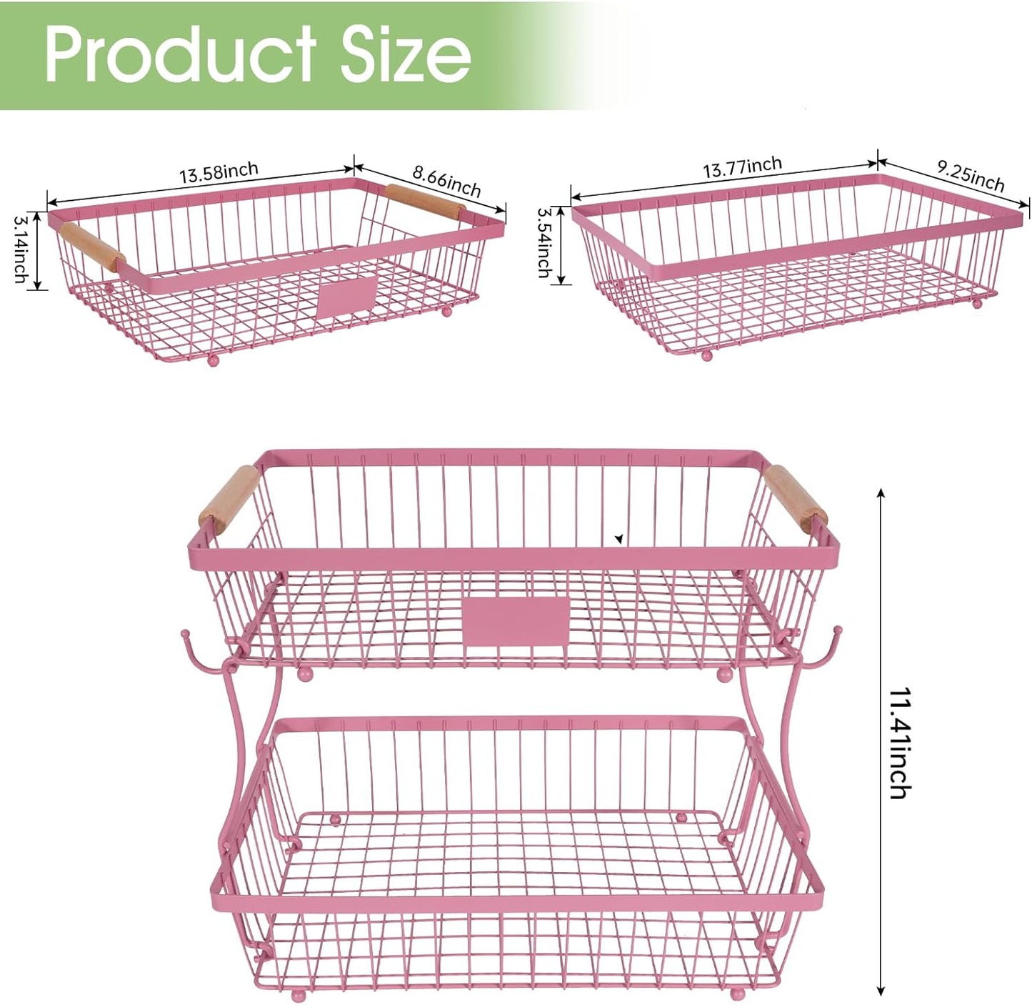 Fruit Basket Bowl 2 Tier Detachable with 2 Banana Hangers, Fruit Stand Holder for Kitchen Countertop, Metal Wire Vegetable Storage Organizer, for Bread Snack Veggies Produce, Black
