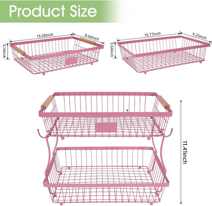 Fruit Basket Bowl 2 Tier Detachable with 2 Banana Hangers, Fruit Stand Holder for Kitchen Countertop, Metal Wire Vegetable Storage Organizer, for Bread Snack Veggies Produce, Black