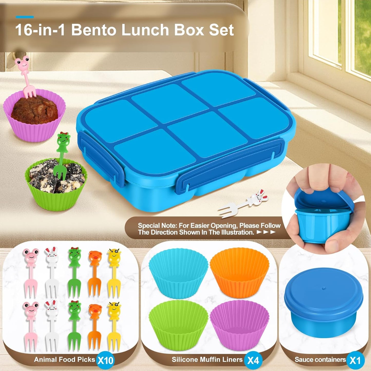Amathley Lunch Box Kids Girls Boys,Bento Box Adult,Toddler Lunch Containers for School,Leakproof Snack Containers with 6 Compartments,Sauce Container,10 Food Picks and 4 Muffin Cups (Green)