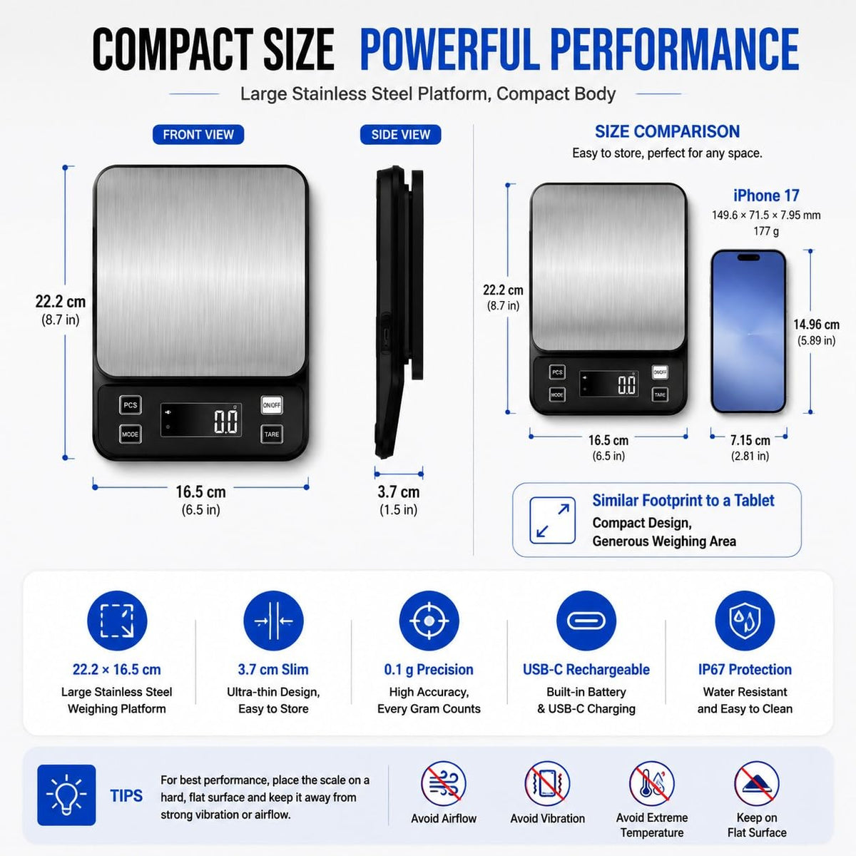 Waterproof Digital Kitchen Scale 0.1g/0.001oz Precision, Stainless Steel Electronic Scale with 3 Power Options (Rechargeable/AAA/Built-in), 10 Units Conversion, Smart Standby, 5kg/11lb Capacity