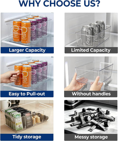 8 Pack Pantry Organizers and Storage, Food Storage Containers with 3 Removable Divider for Kitchen, Fridge, Cabinet Organization, Clear Plastic Storage Bins for Snacks, Spice Packets, Packets, Pouches