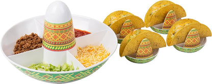 Mind Reader Taco Holders and Divided Serving Carousel Set, Taco Tuesday, Melamine, 12.5"Lx 12.5"W x 8.25"H, 5 pcs, White