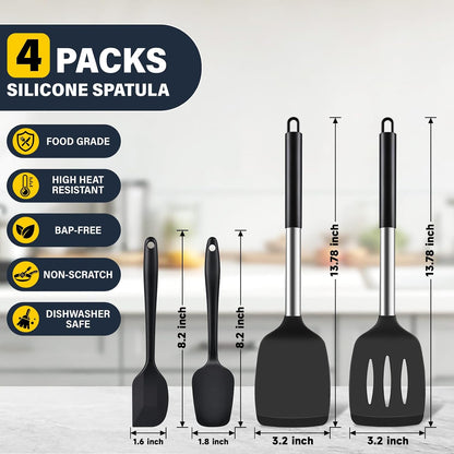 Silicone Spatula Set, Heat Resistant Solid & Slotted Turner for Non-Stick Pans, Silicone Cooking Utensils Set, BPA-Free, Flexible Spatula Turner for Flipping Eggs, Burgers, Pancakes, Black, 3 PCS-A