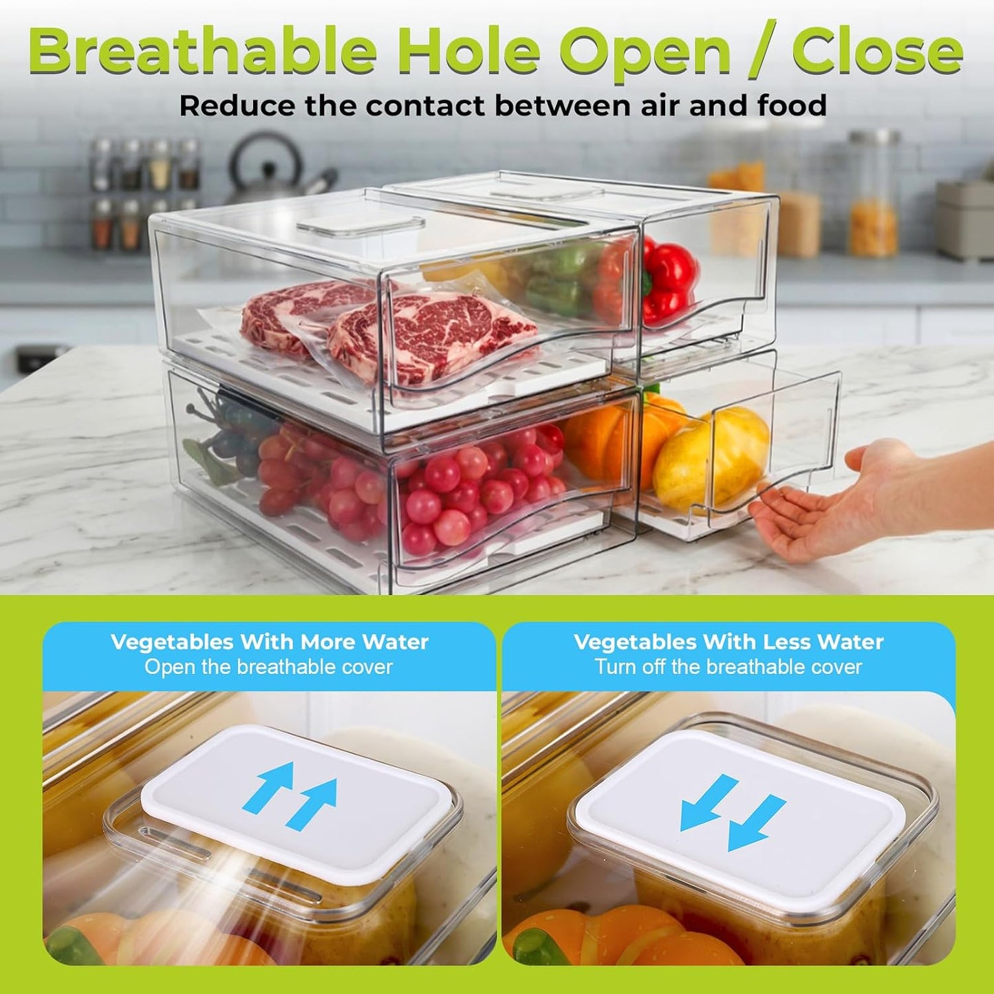 4Pack Fridge Organizer, Stackable Refrigerator Organizer Bins, Reusable Food Storage Containers, BPA-Free with Drain Tray for Bathroom, Kitchen, Refrigerator, Pantry (4 Drawers, Large, Medium)