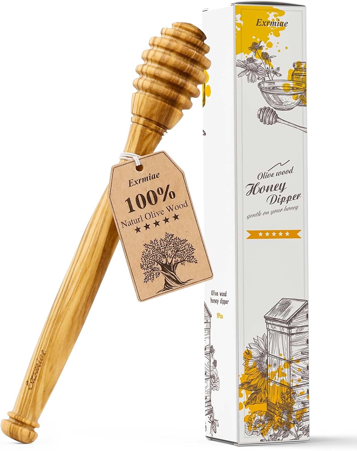 Traditional Olive Wood Honey Dipper - Durable & Warp-Resistant, Preserves Honey Purity, 1pcs, 6.3 Inch