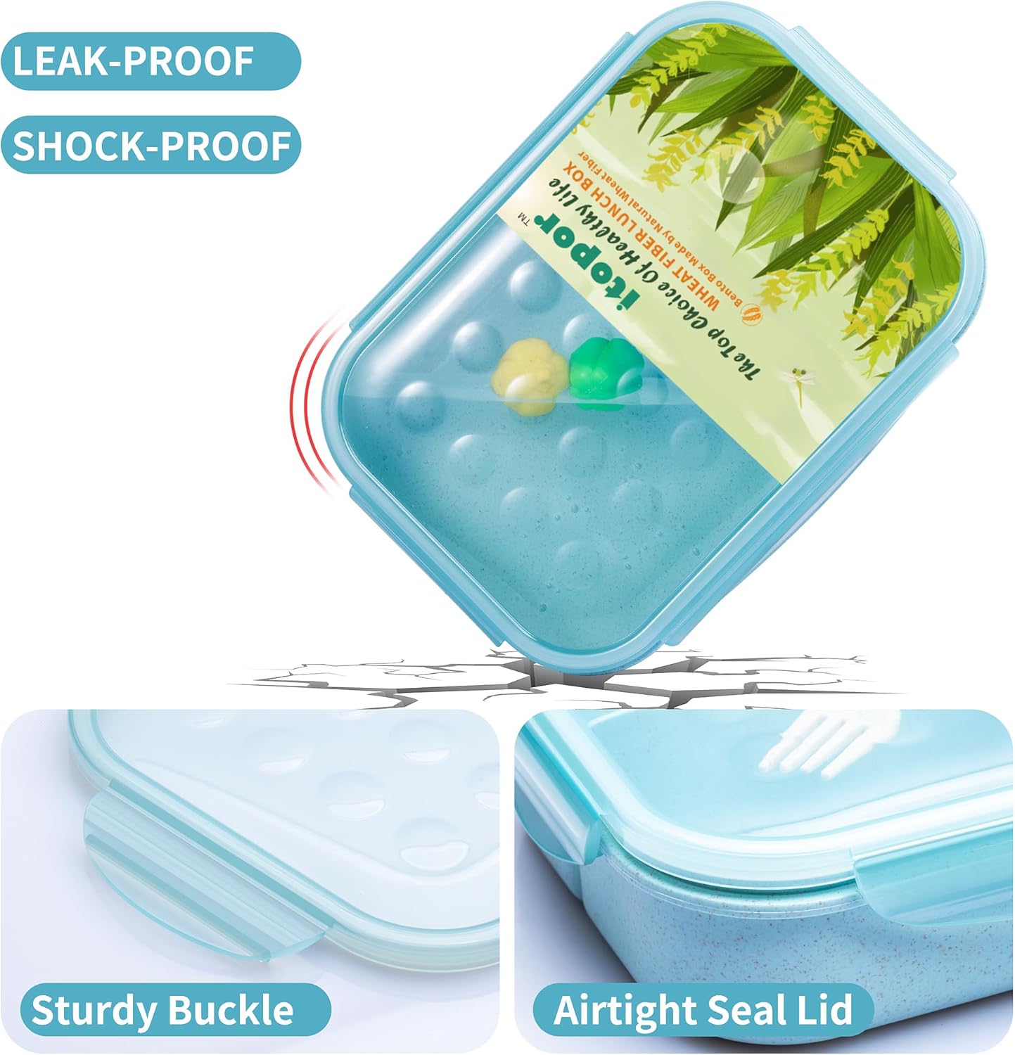 Itopor Classic Wheat Straw Bento Box, Leak-Proof 3-Compartment Lunch Box for Adults & Older Kids, BPA-Free Meal Prep Food Container with Fork, Microwave & Dishwasher Safe, 5.5 Cup, Sage Green