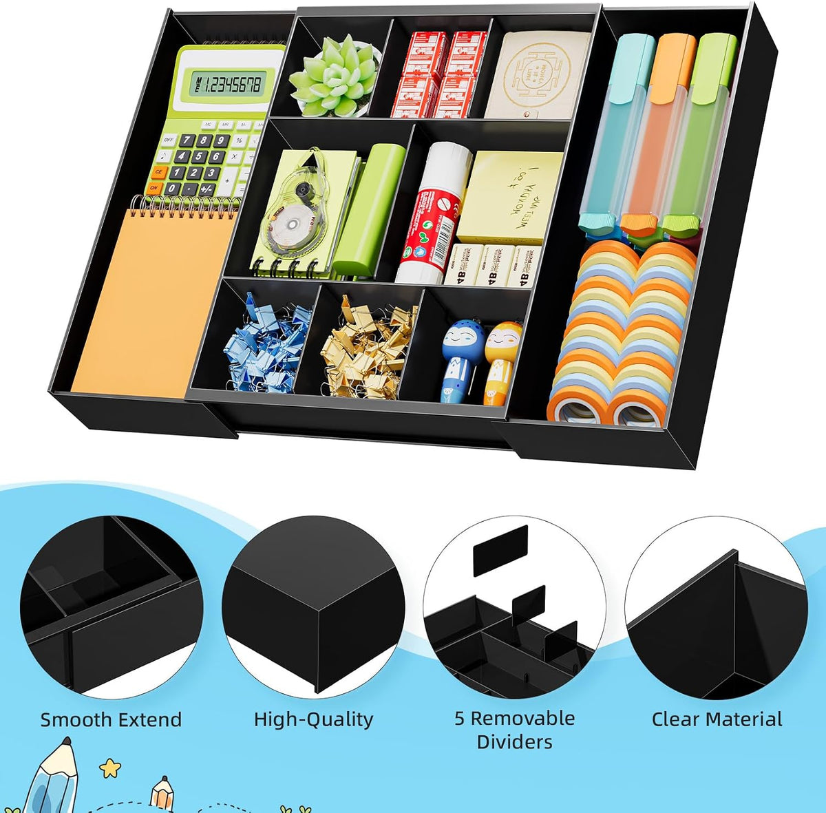 Marbrasse Expandable Desk Drawer Organizer, Clear Plastic Drawer Organizer Tray with 10 Adjustable Compartments, Desk Organizers and Accessories, 5 Drawer Dividers for Office Supplies, Makeup(Clear)