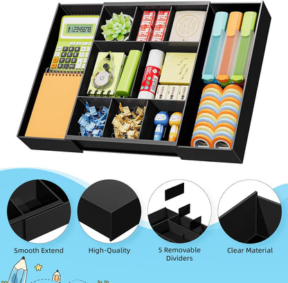 Marbrasse Expandable Desk Drawer Organizer, Clear Plastic Drawer Organizer Tray with 10 Adjustable Compartments, Desk Organizers and Accessories, 5 Drawer Dividers for Office Supplies, Makeup(Clear)