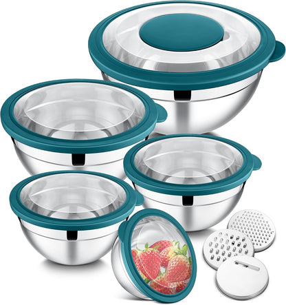 E-far Mixing Bowls Set of 5, Stainless Steel Salad Mixing Bowl with Transparent Lid, Metal Nesting Bowl Attach with 3 Graters for Kitchen Prepping/Serving/Baking/Storage, 4.6/2.6/1.5/1/0.7 QT - Black