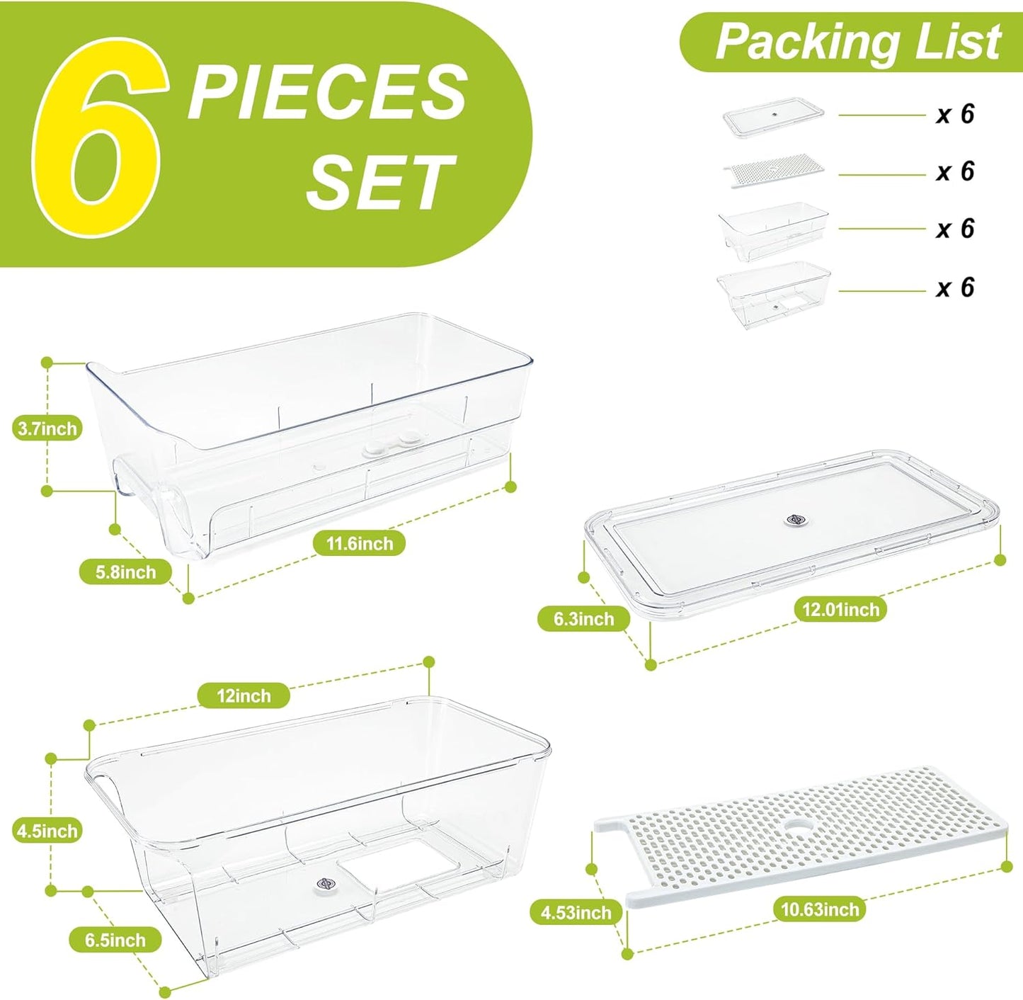 4-Pack Refrigerator Drawer Organizer Bins, Clear Stackable Pull Out Fridge Organizers and Storage Container, with Strainer Layer for Fruits, Vegetables, Drinks, Snack and Food