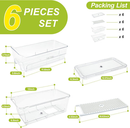4-Pack Refrigerator Drawer Organizer Bins, Clear Stackable Pull Out Fridge Organizers and Storage Container, with Strainer Layer for Fruits, Vegetables, Drinks, Snack and Food