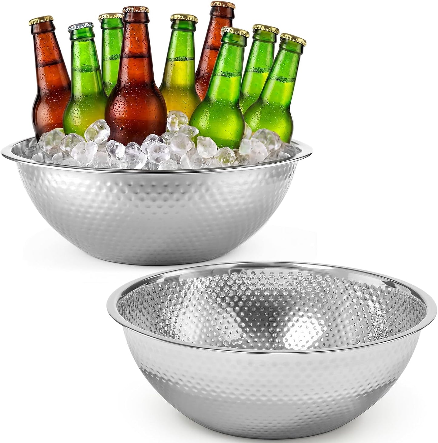 2 Pcs Large Gold Hammered Stainless Steel Beverage Tub 15.35x5.12 Inch, 16.4 Qt Leak-proof Ice Bucket for Parties, Champagne Wine Chiller Bowl, Luxury Drink Cooler for Wedding, Mimosa Bar
