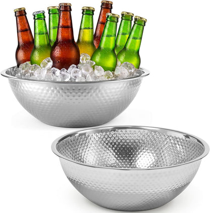2 Pcs Large Gold Hammered Stainless Steel Beverage Tub 15.35x5.12 Inch, 16.4 Qt Leak-proof Ice Bucket for Parties, Champagne Wine Chiller Bowl, Luxury Drink Cooler for Wedding, Mimosa Bar