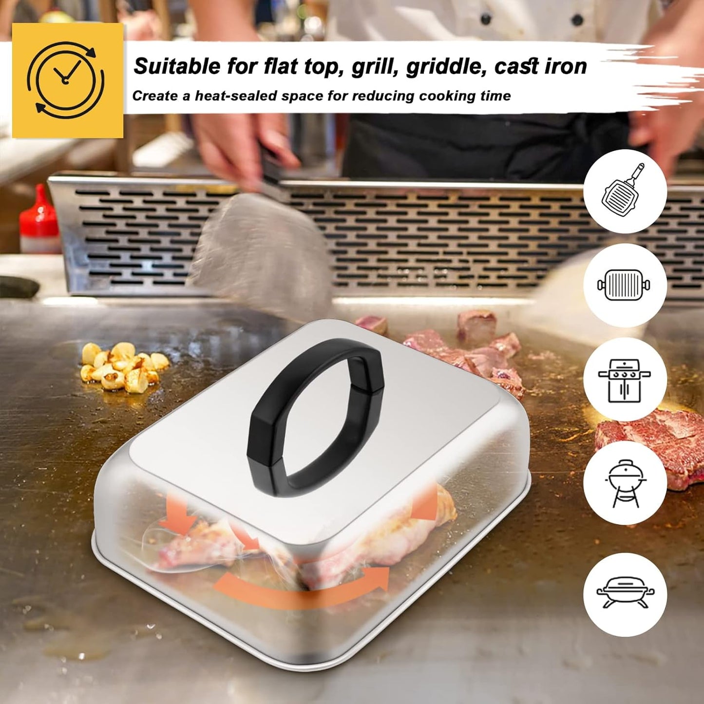 HaSteeL 9x7in Melting Dome & 8x4in Grill Press, Rectangular Basting Steaming Cover & Cast Iron Burger Bacon Press, Heavy Duty Griddle Tools Accessories for Flat Top Grilling Barbecue, Indoor & Outdoor