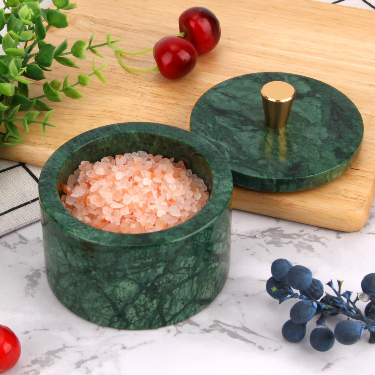 Marble Salt Cellar with Lid, Viva Jade, 4 inch