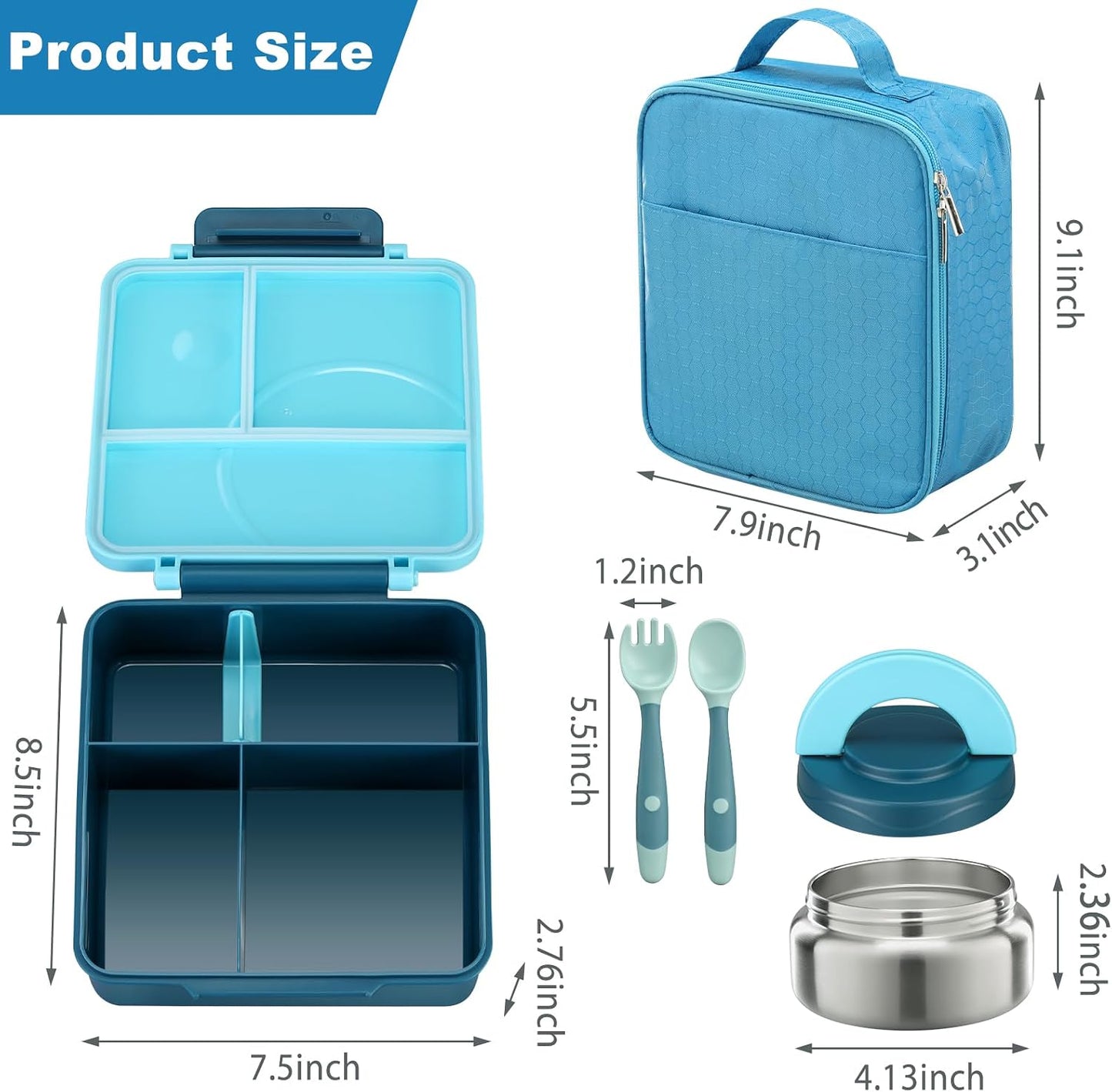 Bento Lunch Box Set for Kids with 8oz Soup Thermo, Leak-Proof Lunch Containers with 4 Compartment, Kids Thermo Hot Food Jar and Insulated Lunch Bag for Kid to School-Black