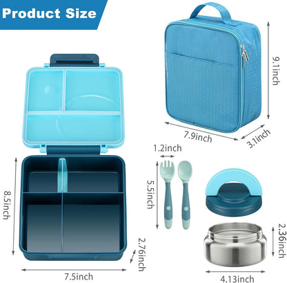 Bento Lunch Box Set for Kids with 8oz Soup Thermo, Leak-Proof Lunch Containers with 4 Compartment, Kids Thermo Hot Food Jar and Insulated Lunch Bag for Kid to School-Black