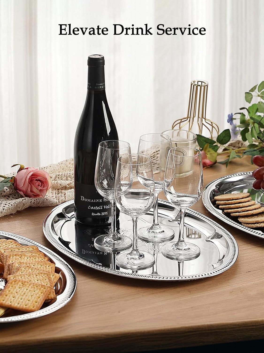 4-Pack 15.7" x 11.8" Silver Serving Trays for Party Set - Oval Floral Engraved Serving Platters, Wedding Birthday Mirror Tray for Summer BBQ, Food, Appetizer, Charcuterie, Cookies, Desserts