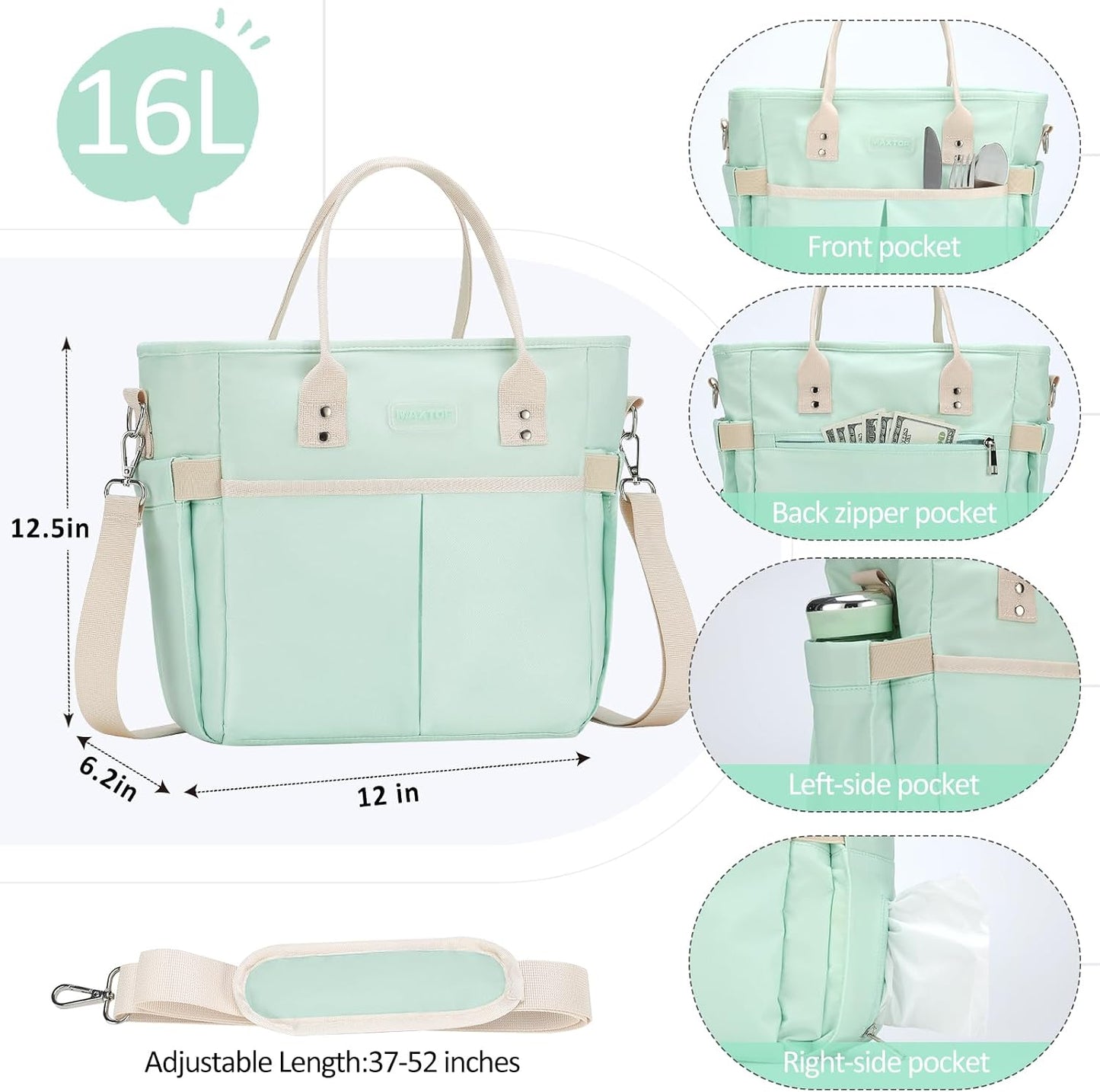 MAXTOP Lunch Bag Women for Work Insulated Thermal Lunch Box for Men with Wide-Open Pocket Reusable Leakproof Cooler Bags with Removable Shoulder Strap for Teacher Nurse Office Picnic Travel Black
