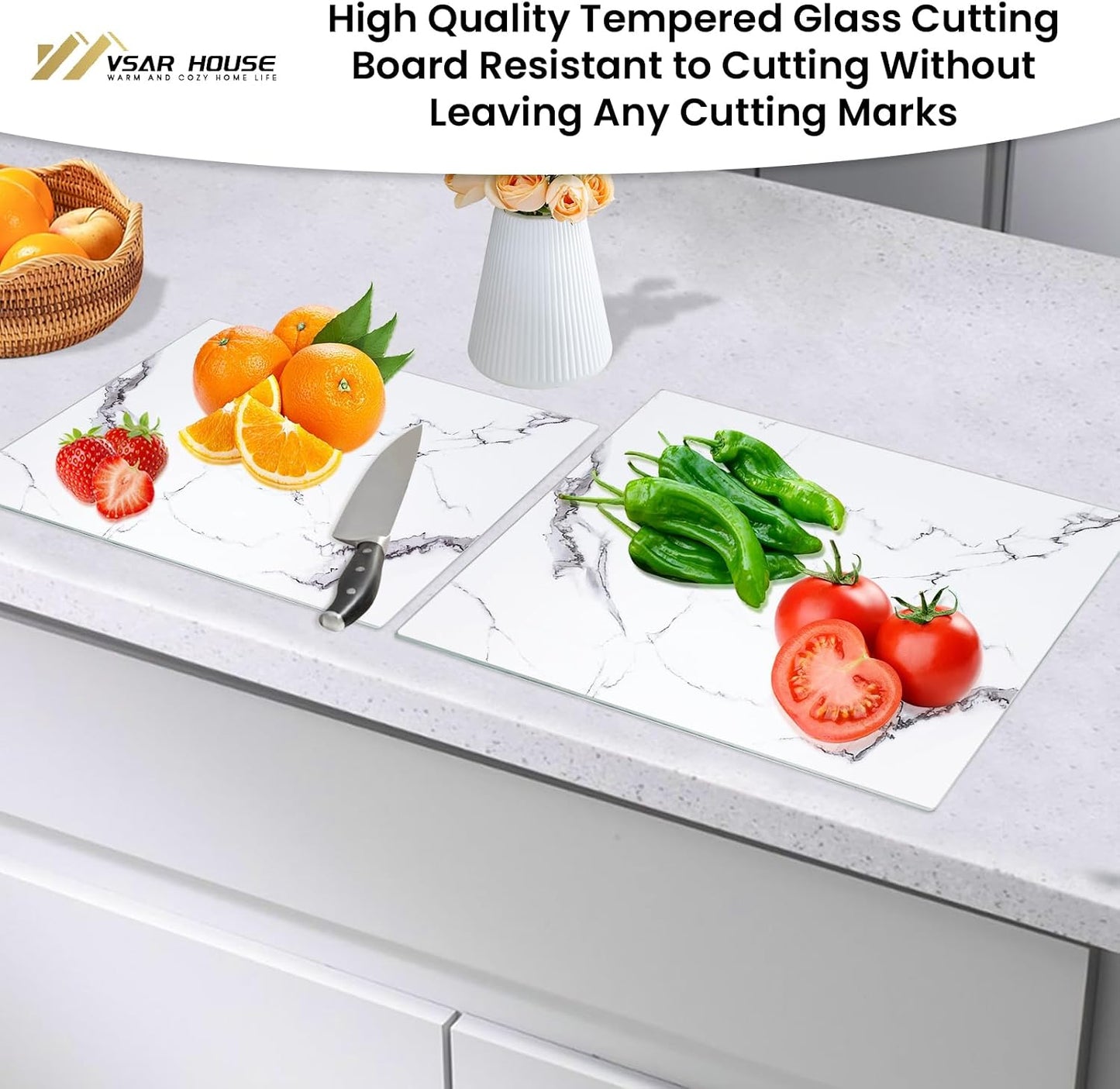 Tempered Glass Cutting Boards for Kitchen, Set of 2 Gold Glass Chopping Boards, 16"x12" & 12"x8" Cutting Boards With NonSlip Feet, Scratch Resistant, Heat Resistant, Easy to Clean