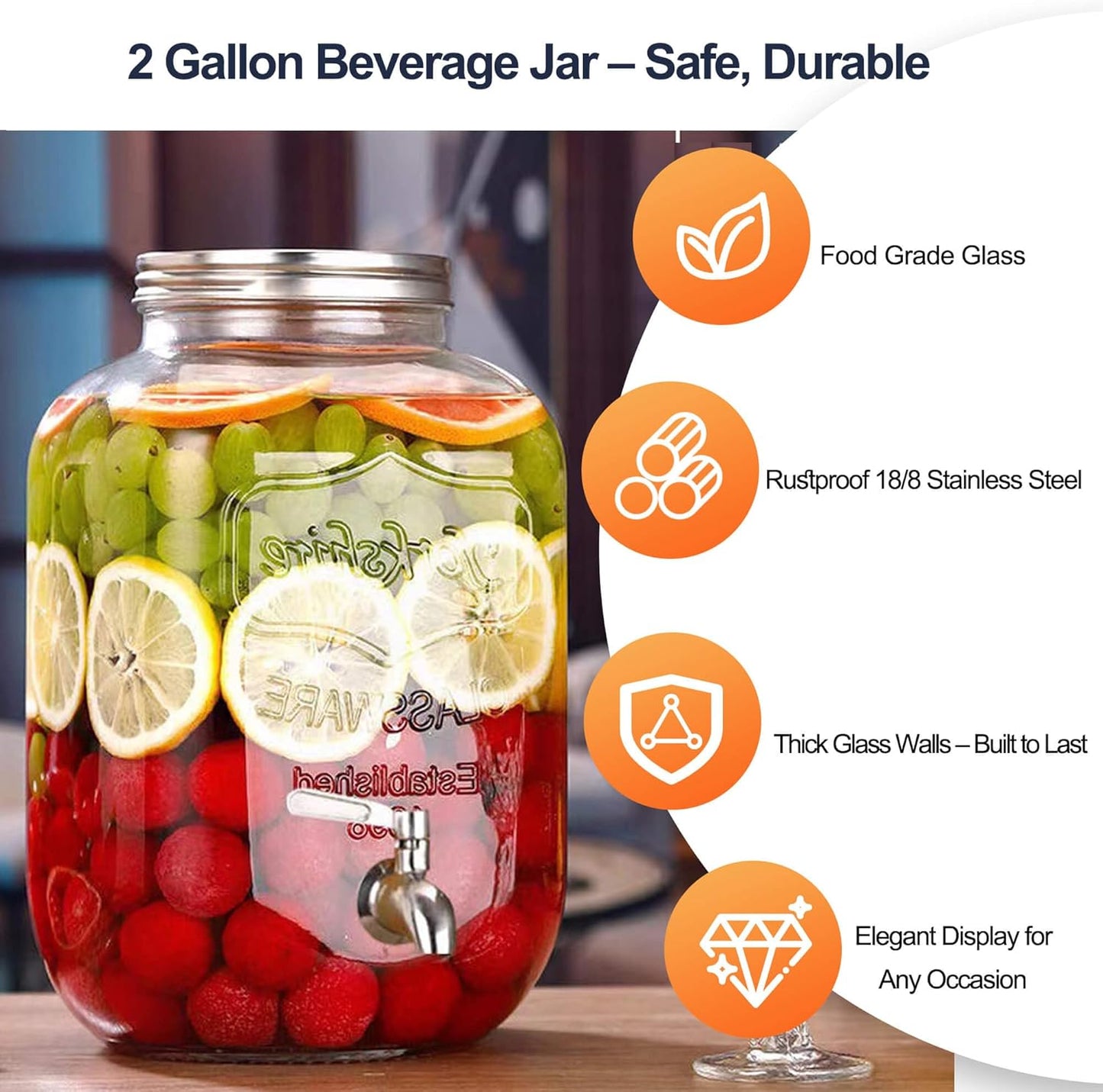 2 Gallon Drink Dispensers for Parties, 2 Pack Glass Beverage Dispenser with Stand & 18/8 Stainless Steel Spigot, Lemonade Jug for Wedding, Picnic, BBQ