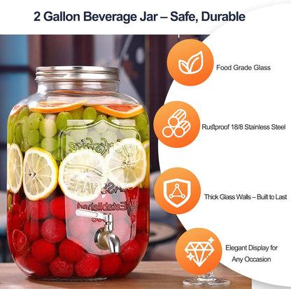 2 Gallon Drink Dispensers for Parties, 2 Pack Glass Beverage Dispenser with Stand & 18/8 Stainless Steel Spigot, Lemonade Jug for Wedding, Picnic, BBQ
