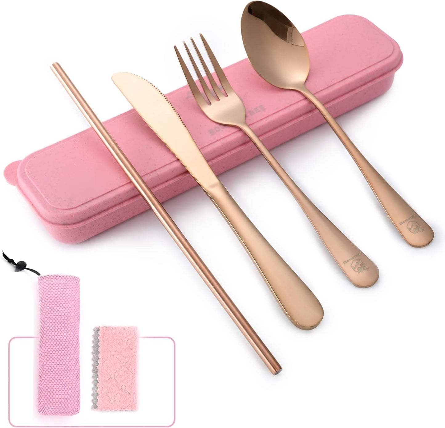 Boulder Bee | Travel Utensils Set | Reusable Camping Cutlery Set | Stainless Steel Flatware Set | Portable Silverware Set with Case | Includes Knife/Fork/Spoon/Straw/Cleaning Cloth/Case (Purple)