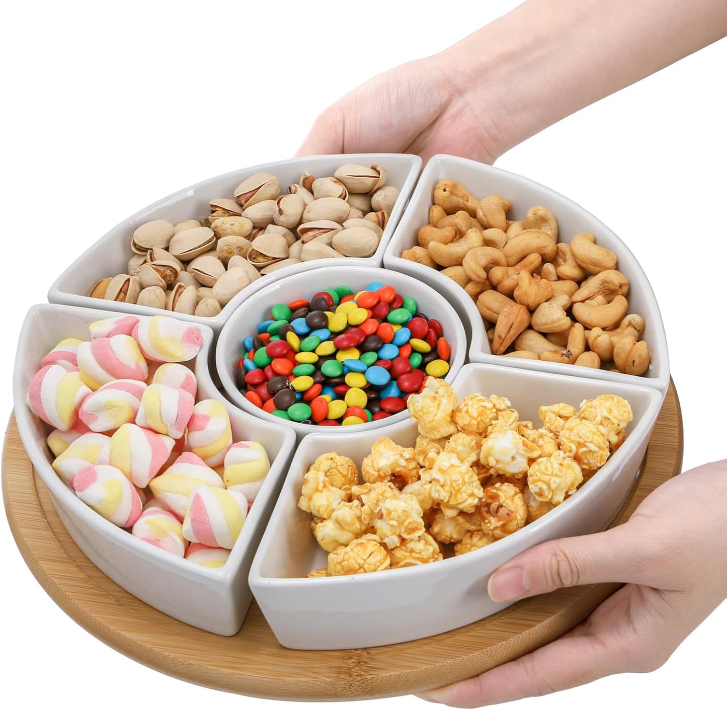 Lyellfe Divided Serving Dish Lazy Susan, 360° Rotatable Porcelain Appetizer Snack Tray Platter for Fruit, Veggies, Candy, Relish Tray for Christmas Thanksgiving Party, 5 Removable Compartment, White