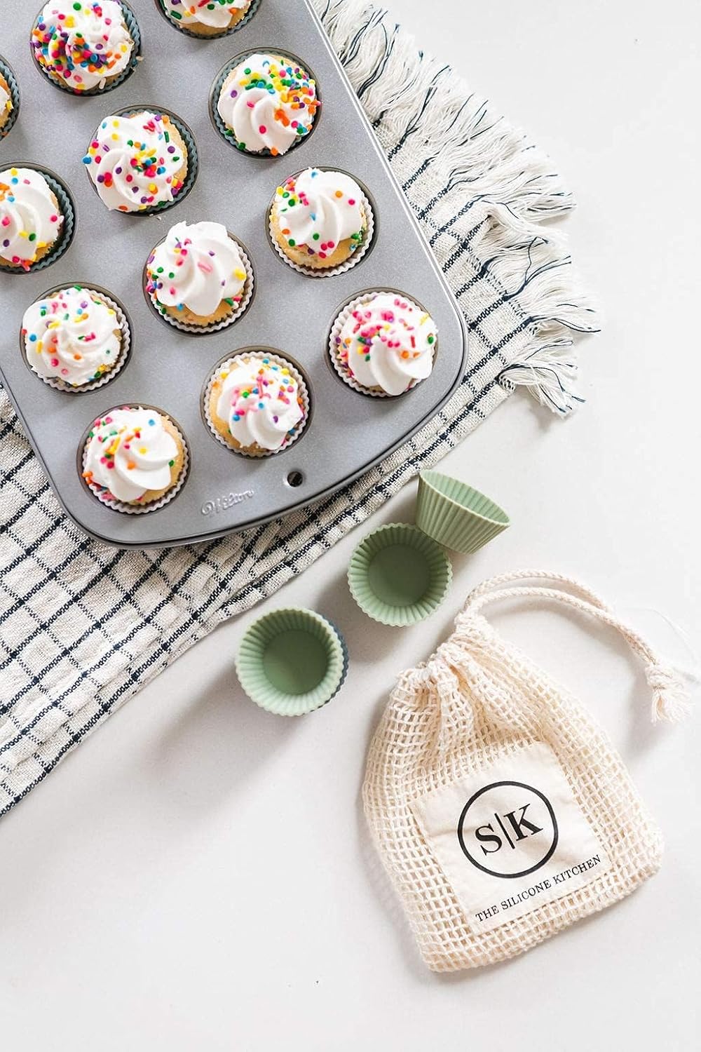 The Silicone Kitchen Reusable Mini Silicone Baking Cup, Non-Toxic, BPA Free, Dishwasher Safe, Mini, 24 Pack, White Blue Green