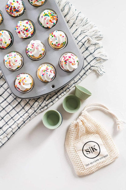 The Silicone Kitchen Reusable Mini Silicone Baking Cup, Non-Toxic, BPA Free, Dishwasher Safe, Mini, 24 Pack, White Blue Green