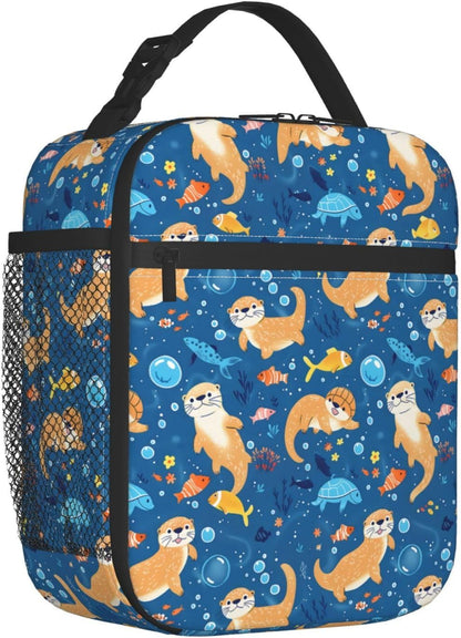 Reusable Sea Otter and Water Lily Lunch Box for Kids Girls Boys Women Adult, Insulated Cute Lunch Bag,Polyester Cooler Handbags Case for School Picnic Work Travel Outdoor Beach or Hiking