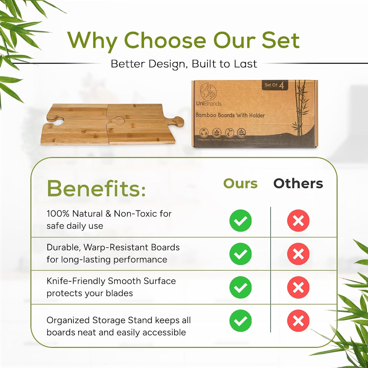 Bamboo Cutting Board Set with Stand – 4 Interlocking Wooden Chopping & Serving Boards for Charcuterie, Cheese Platters, Meal Prep & Entertaining – Eco-Friendly Kitchen Boards