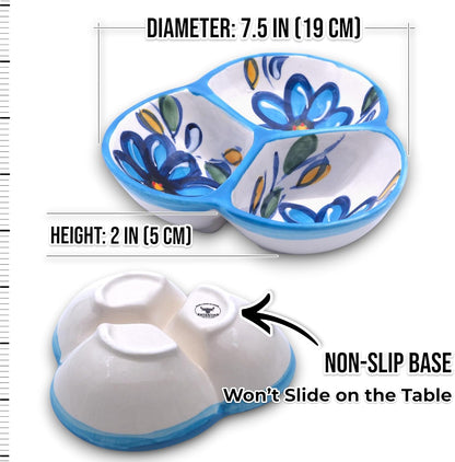 Ceramic Chip & Dip Bowl 7.5”, 3-Compartment Divided Serving Dish & Condiment Tray for Appetizers – Handmade in Spain, Lead-Free Glaze, Microwave, Oven & Dishwasher Safe
