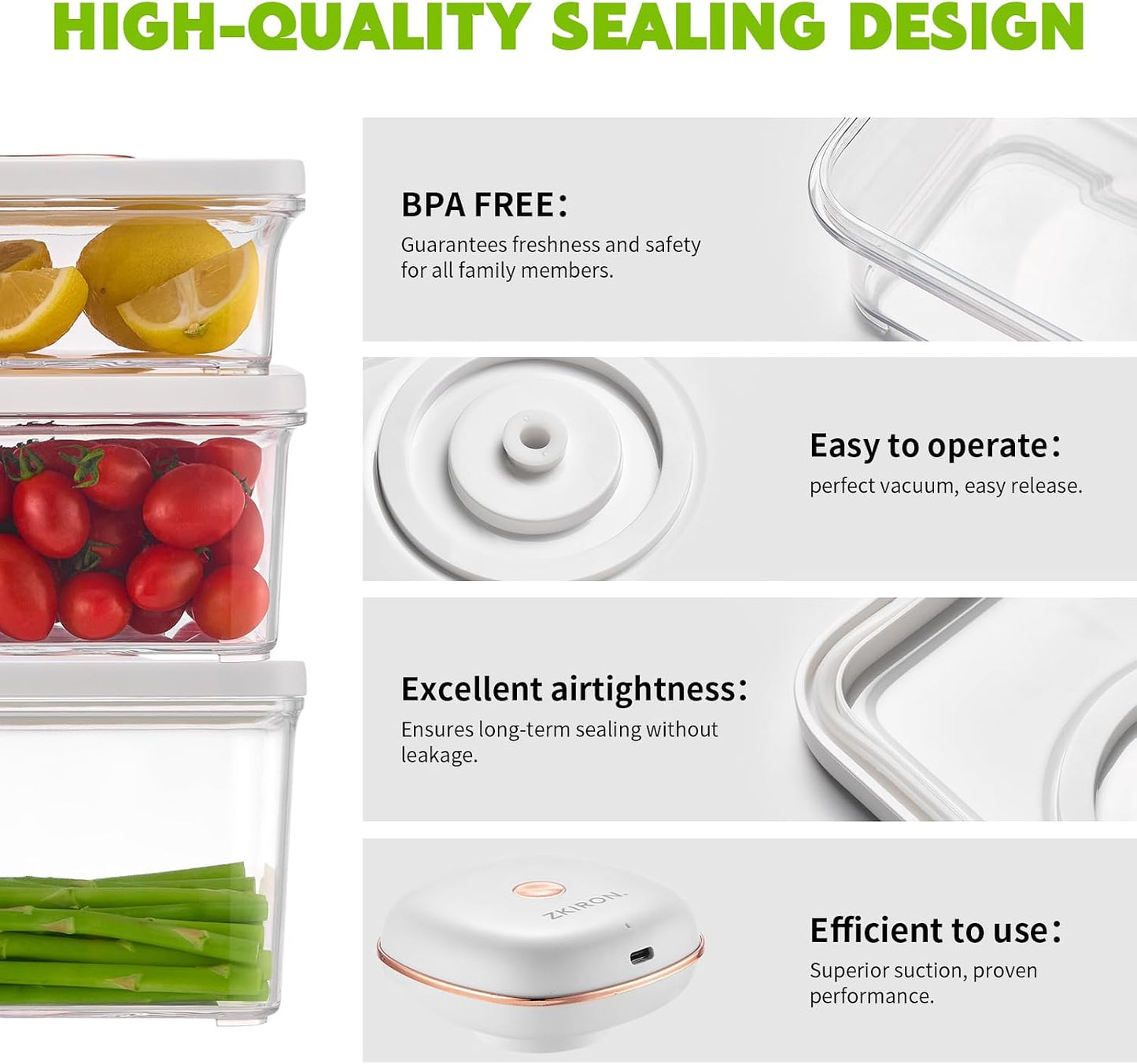 One-Touch Electric Vacuum Seal Food Storage Containers Set of 3 - Automatic Sealer Machine with Airtight Meal Prep Containers - BPA-Free & Stackable for Vegetables, Meat, Fruits (White)
