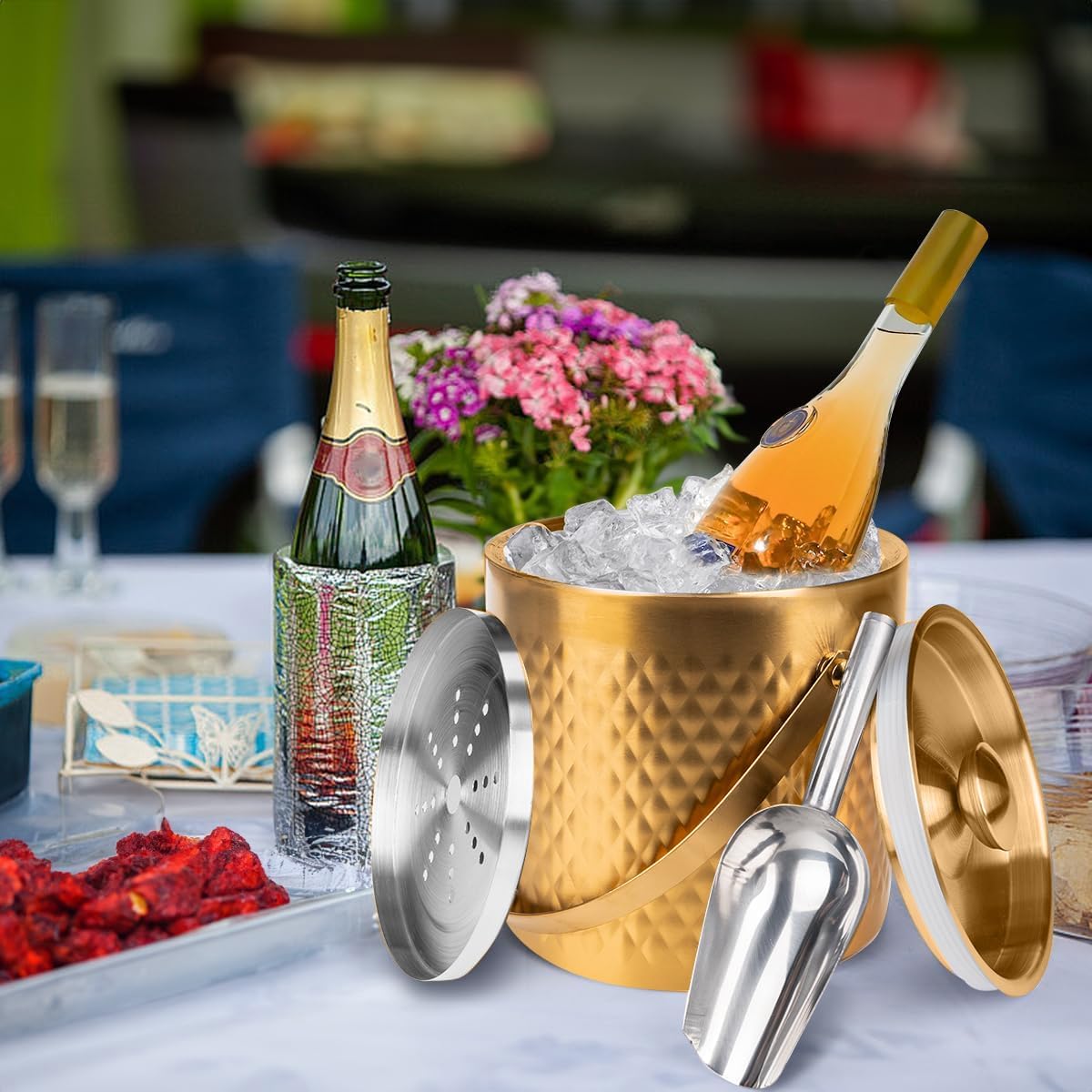 3L Double-Wall Insulated Stainless Steel Ice Bucket with scoop for Cocktail Bar - Metal Ice Bucket for freezer with Lid for parties,Camping,and More!champagne bucket,bar cart accessories
