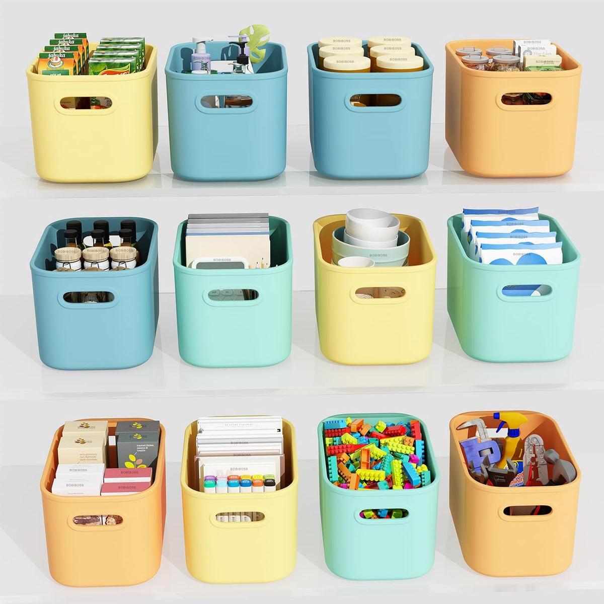 12 Pack Black Storage Bins for Shelves, Plastic Storage Containers for Organizing, Stackable Storage Boxes with Handle, Black Storage Bins for Classroom, Craft, Snacks, Cabinet, 9.7x6.7x5.7inch