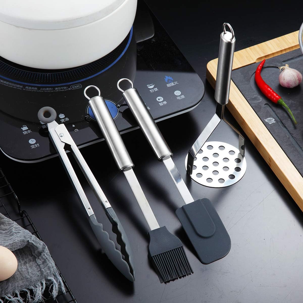 Berglander Cooking Utensil Set 13 Piece Stainless Steel Kitchen Tool Set with Holder, Include Cooking Spoon, Spatula, Whisk, Cooking Tong and etc. (13 Pieces)