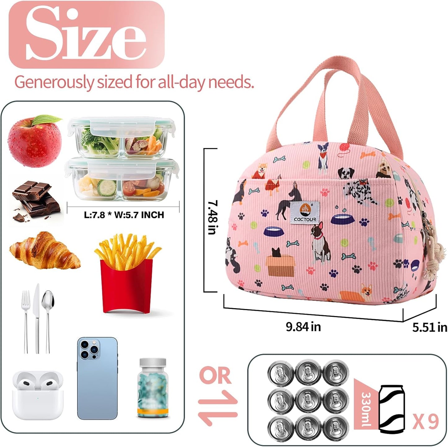 CaCTOUR Lunch Box for Women Girls Teens,Cute Lunch Box Cooler Bag, Portable Insulated Small Lunch Bag Women Reusable Corduroy Lunch Tote for Work/Travel/Picnic/School (Dog Green,Small)