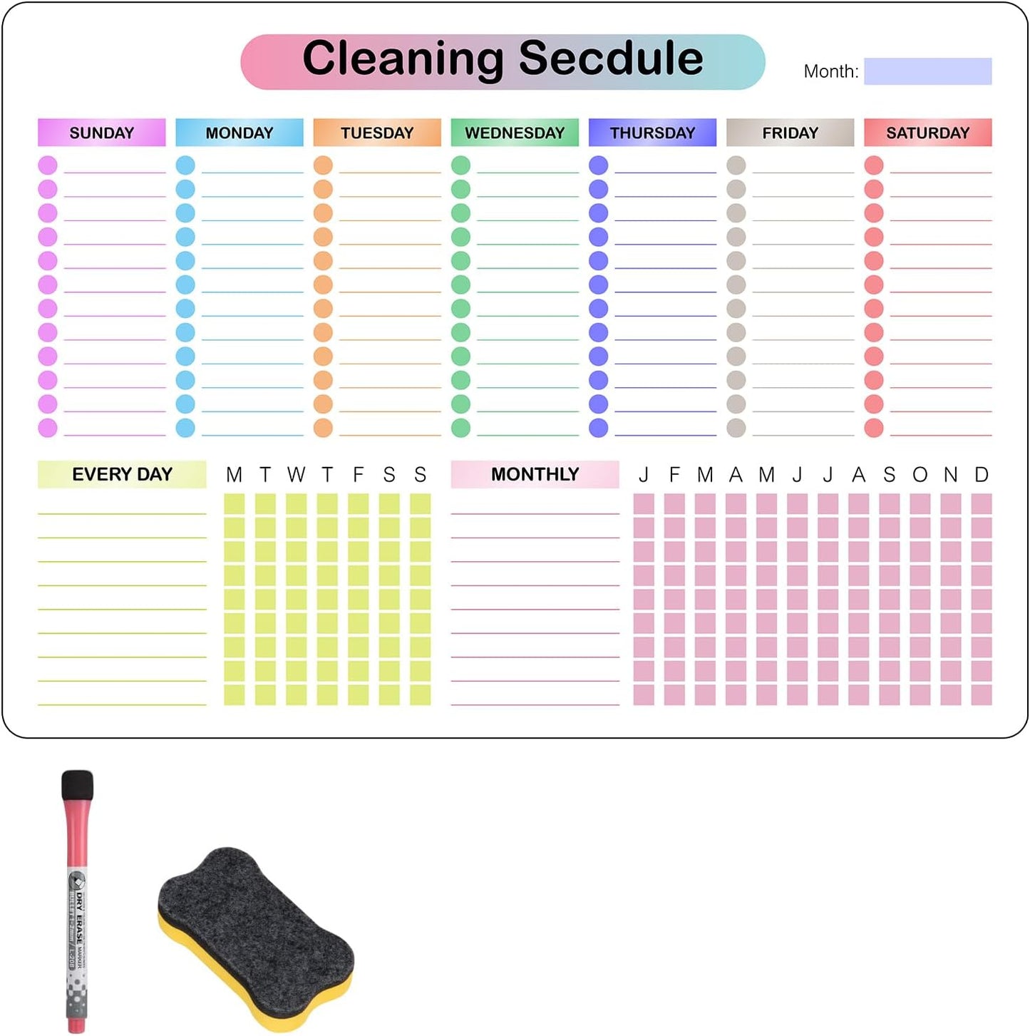 Cleaning Schedules and Checklists Dry Erase Magnetic Whiteboard for Refrigerator,Daily Weekly and Monthly Checklist Planner Cleaning Chores