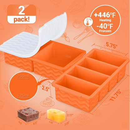 Silicone Freezer Trays with Lid for Soup, 1-Cup & 2-Cup Large Ice Cube Molds Food Storage Containers for Meal Prep, Freeze 500mL/250mL/125mL Portions – 2 Pack